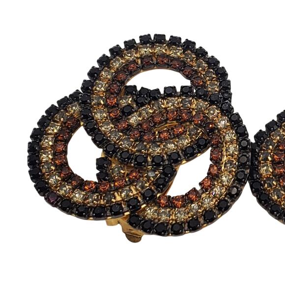 Designer Clip Earrings Roxanne Assoulin Infinity Knot Black Gold Brown Crystal - Picture 3 of 10